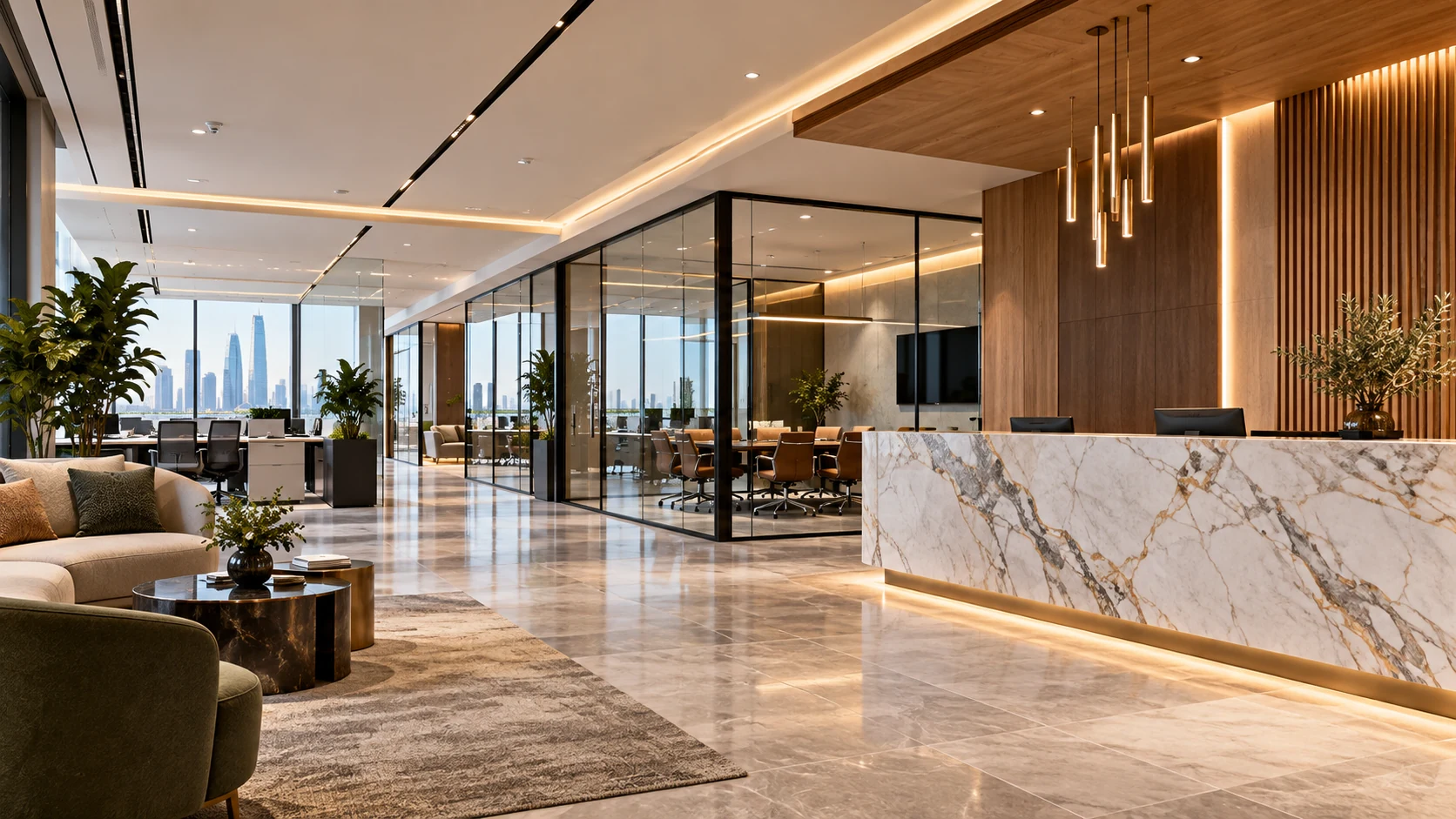Commercial fit-out featuring a luxury hotel lobby with refined finishes, a reception desk, and contemporary lighting in the UAE.