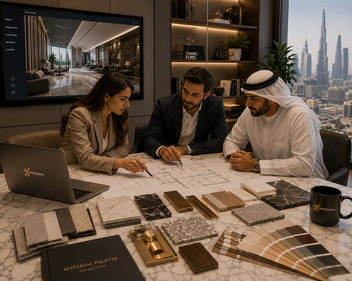 Architect and client reviewing interior fit-out plans, material samples and 3D designs during a commercial and residential project consultation in Dubai.
