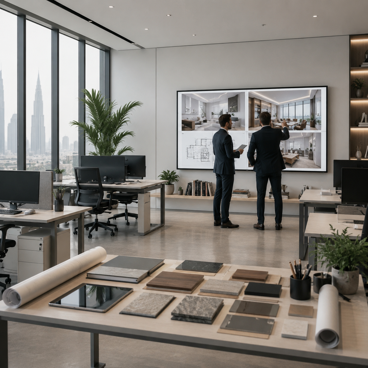 Interior designers reviewing architectural plans, material samples, and 3D project presentations during a commercial and residential fit-out consultation in the UAE.