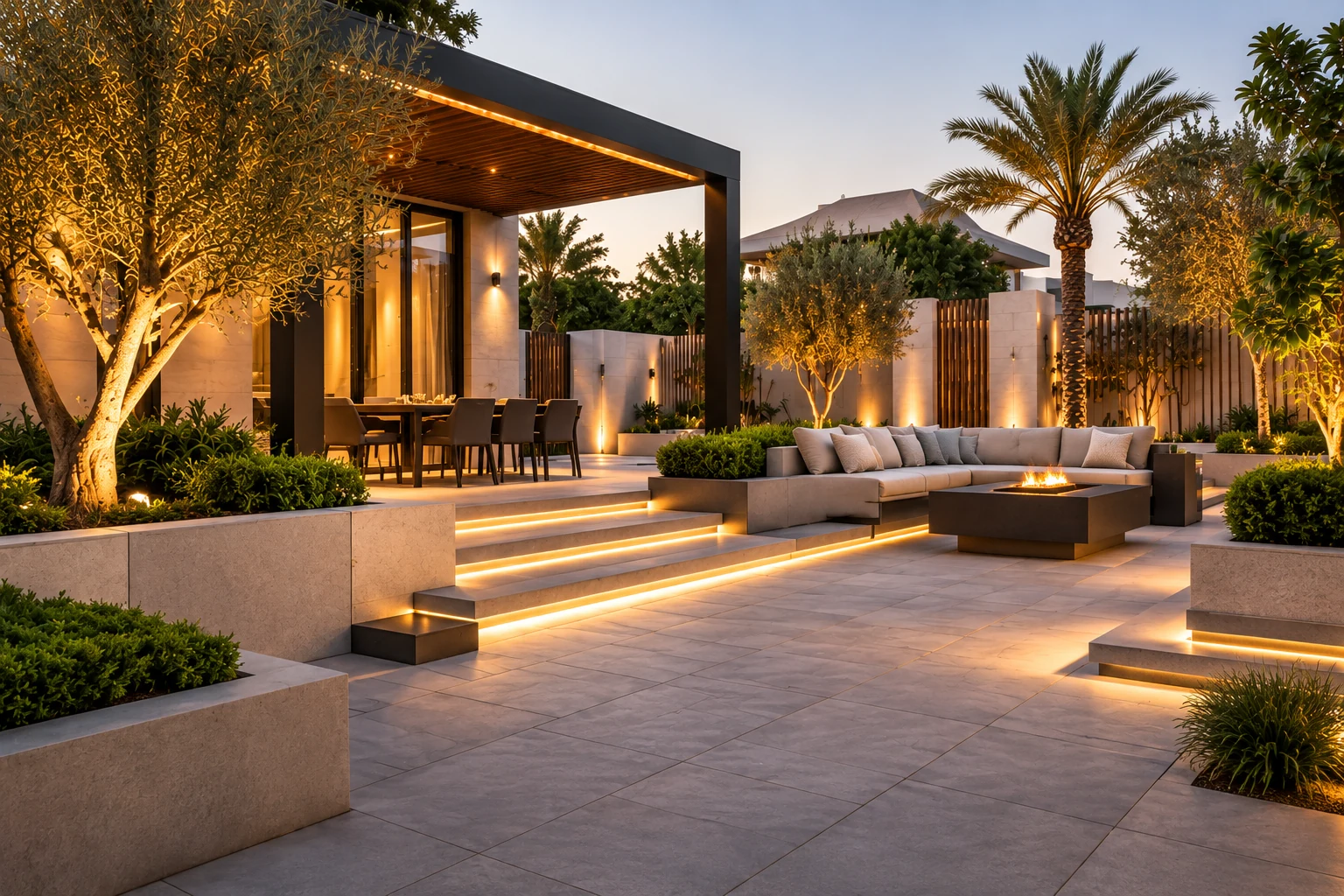 Hard landscaping with stone paving, illuminated steps, and a modern villa patio in the UAE.