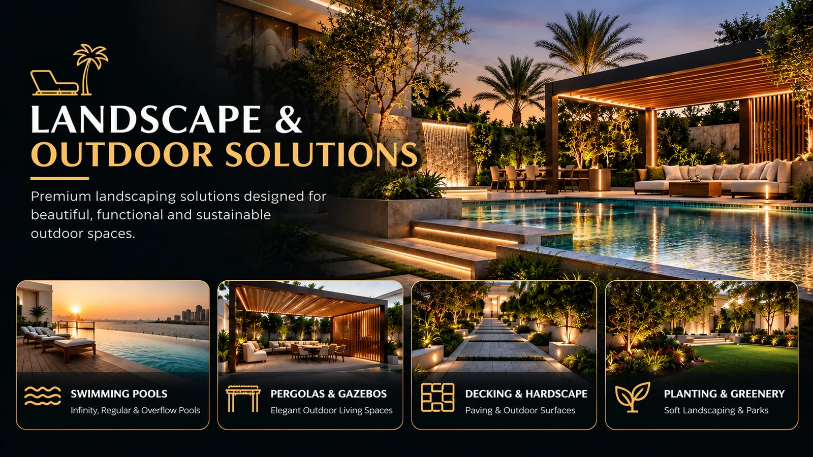 Landscaping services in the UAE, including hard landscaping, soft landscaping, and landscape construction for outdoor spaces.
