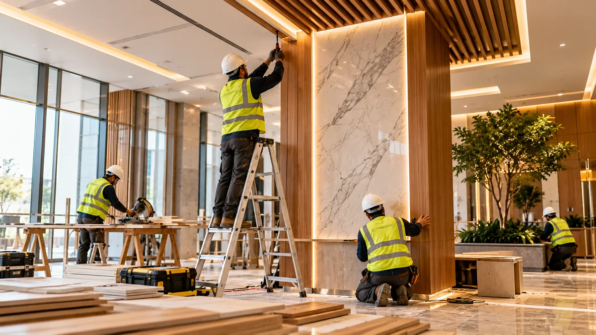 Interior fit-out work preparation with material samples, floor plans, and finish selection.