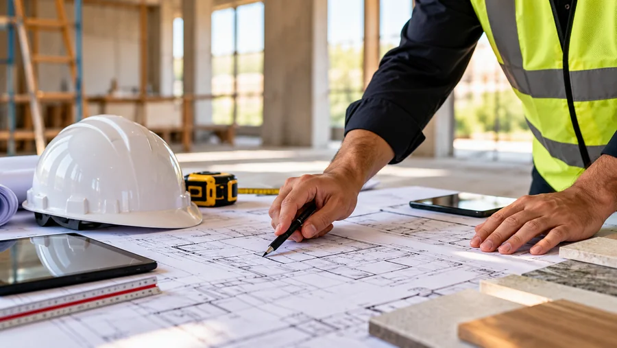 Interior fit-out work preparation with material samples, floor plans, and finish selection.