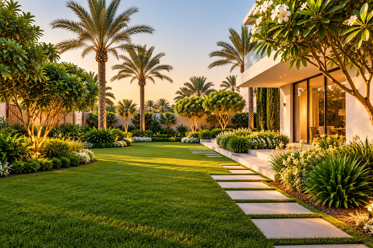 Soft landscaping with a green lawn, palm trees, flowering shrubs, and planting beds in a modern villa garden in the UAE.
