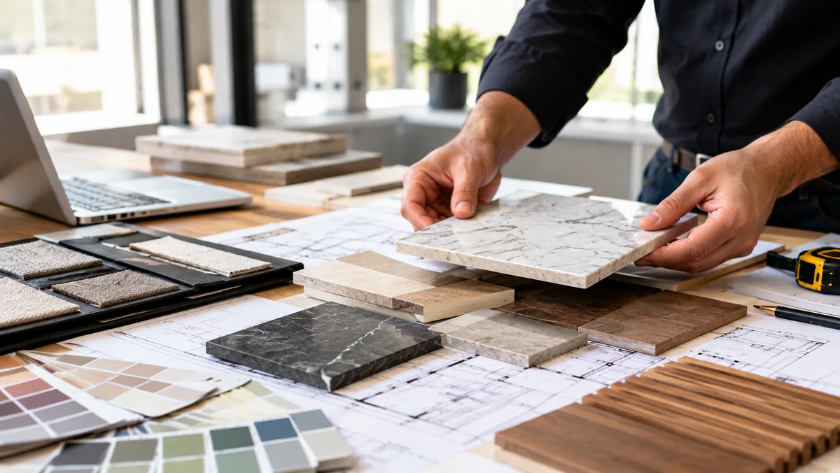 Interior fit-out work preparation with material samples, floor plans, and finish selection.